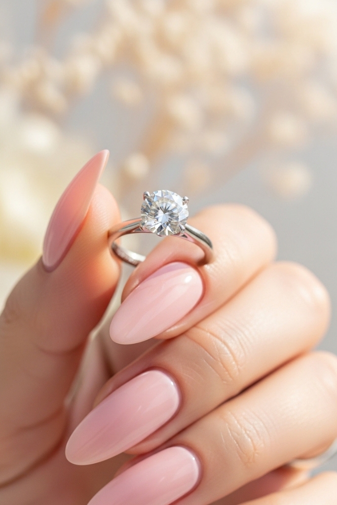 Blush pink almond engagement nails with round solitaire diamond ring