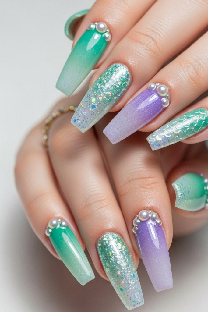 Mermaid inspired gradient nails with glitter and pearl accents