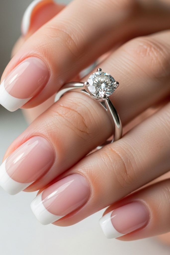 Classic French tip engagement nails with diamond ring