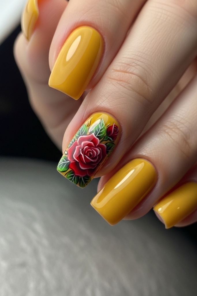 Golden princess nails with red rose accent design