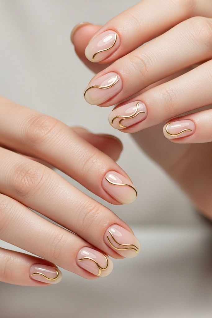 Minimalist nude nails with delicate gold lines, elegant and chic nail art design