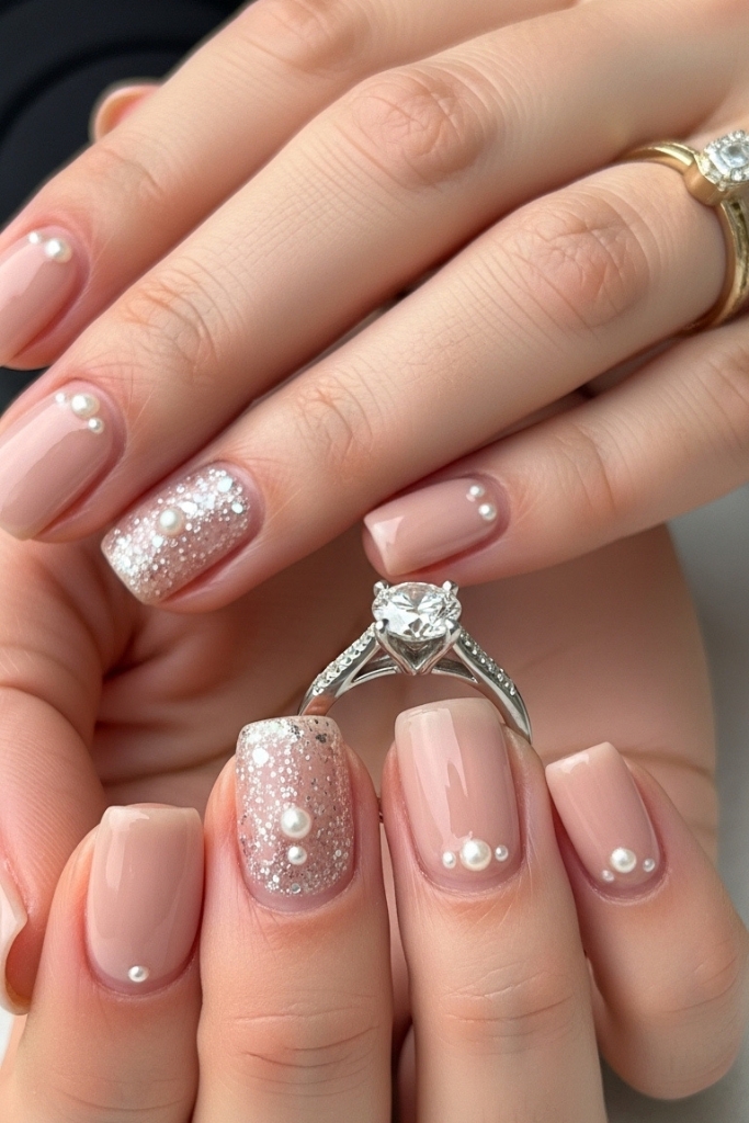 Glossy nude engagement nails with diamond ring