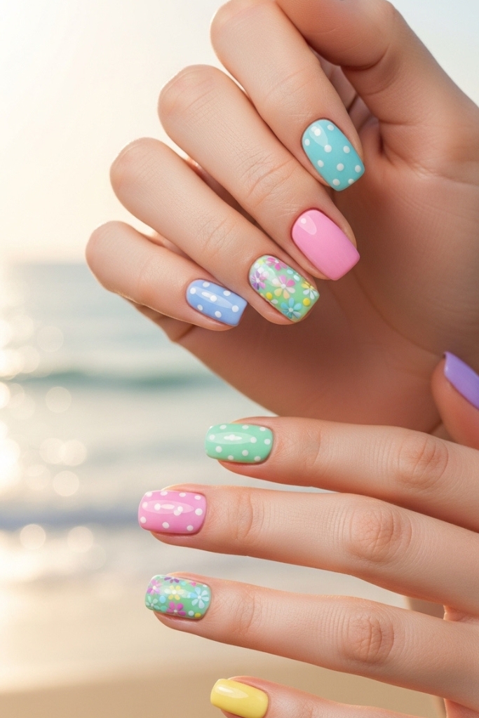 Colorful summer nails with playful polka dots and floral accents