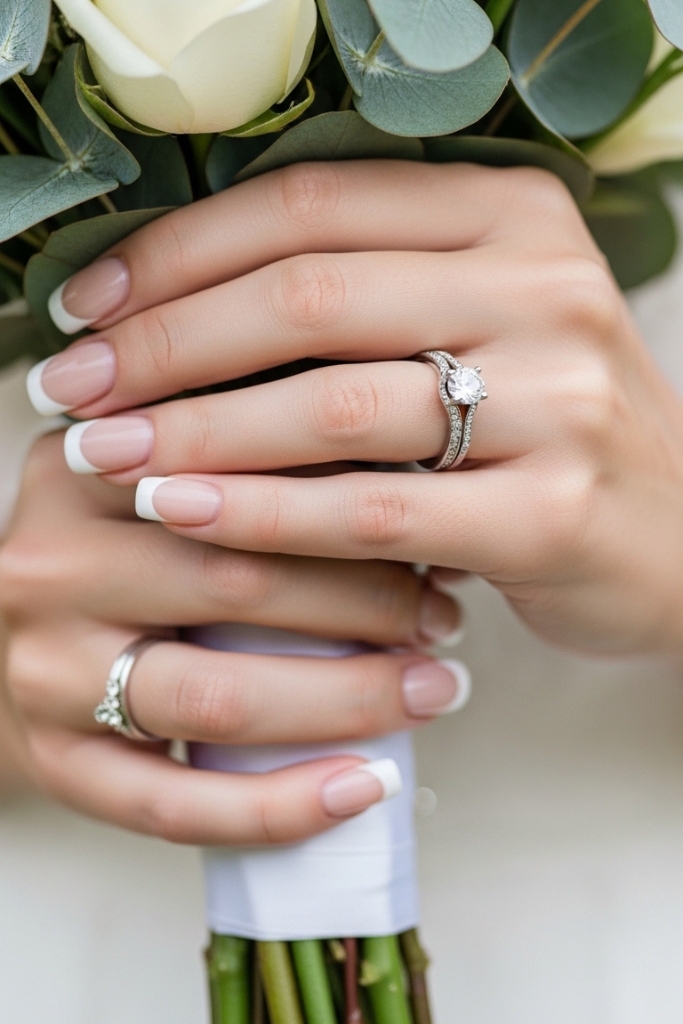 White French tip acrylic nails for weddings with nude base