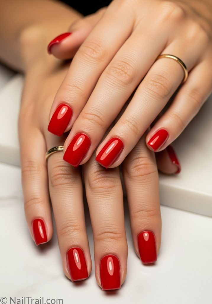 Classic bright red short square nails on light hands with gold ring