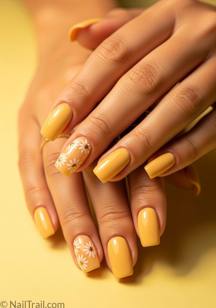 Butter yellow square nails with daisy art on medium tan hands