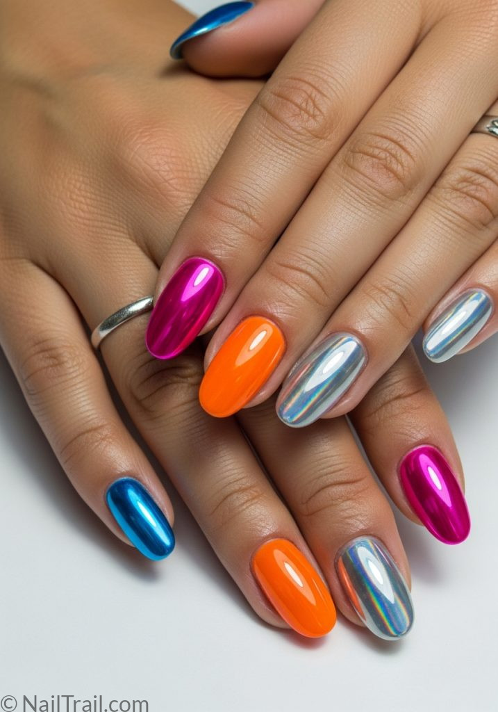 Colorful chrome oval nails in blue pink orange and silver on medium tan hands