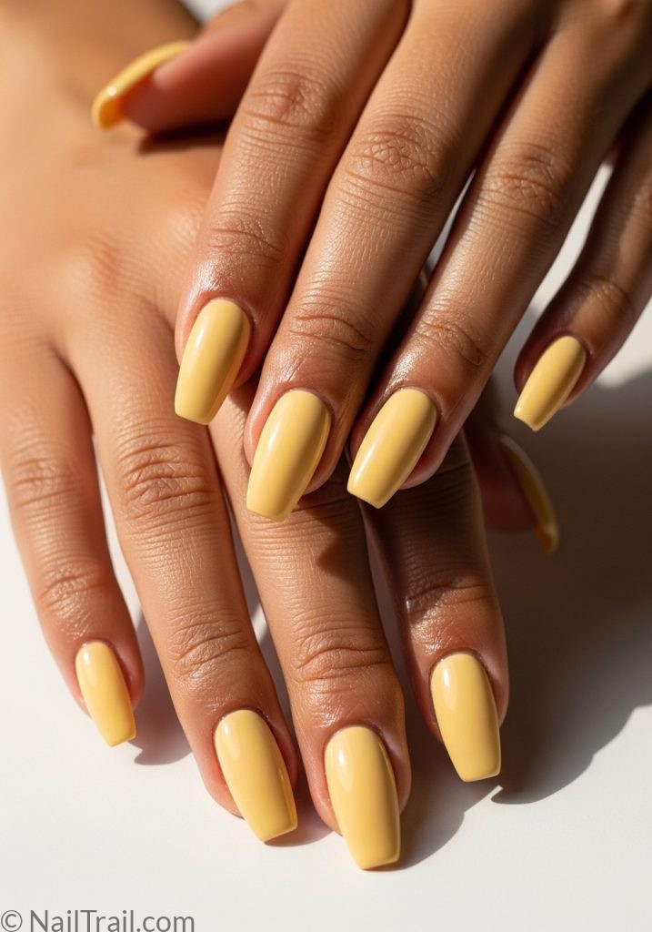 Medium tan hands with butter yellow coffin nails easy summer nails coffin simple