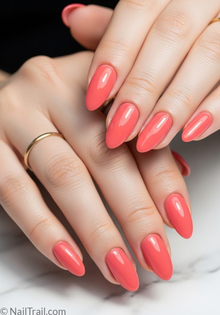 Light peach hands with coral pink almond nails easy summer nails pink almond shape