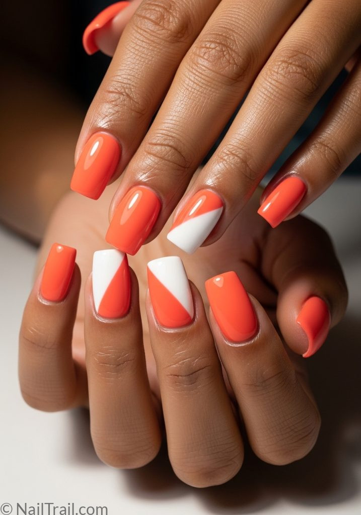 Medium brown hands with coral white geometric square nails easy summer nails designs simple beginner