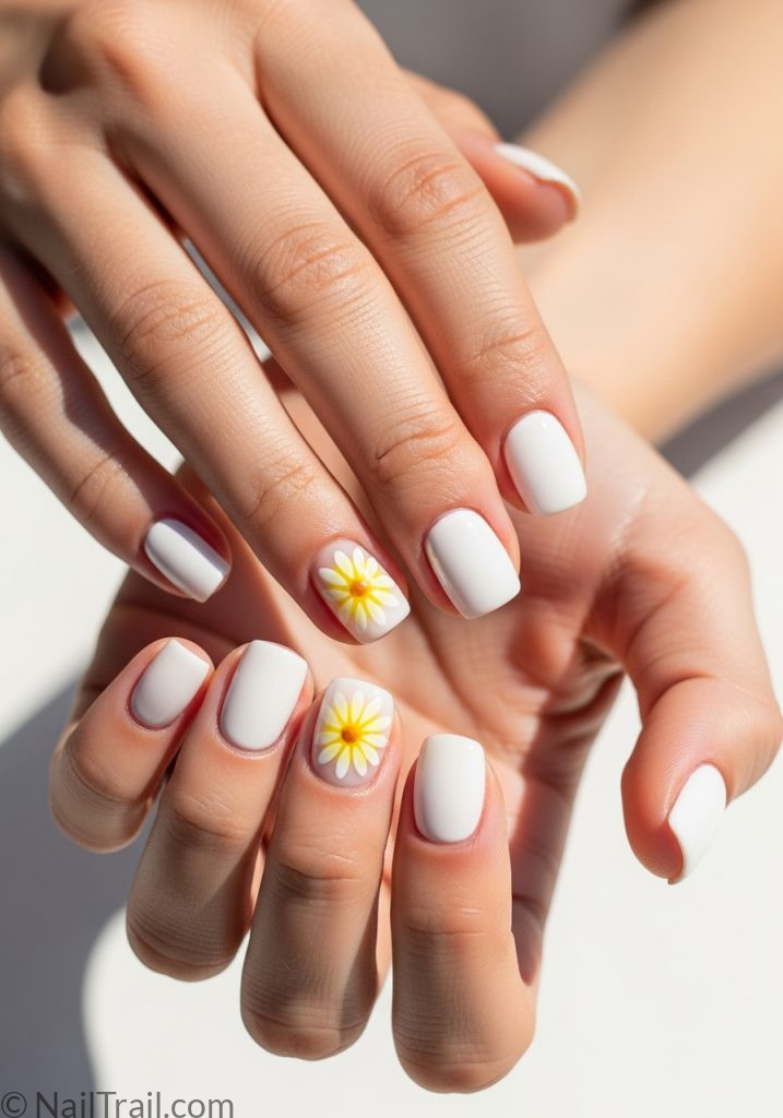 Light skin hands with white short nails daisy accent easy summer nails short simple designs beginner