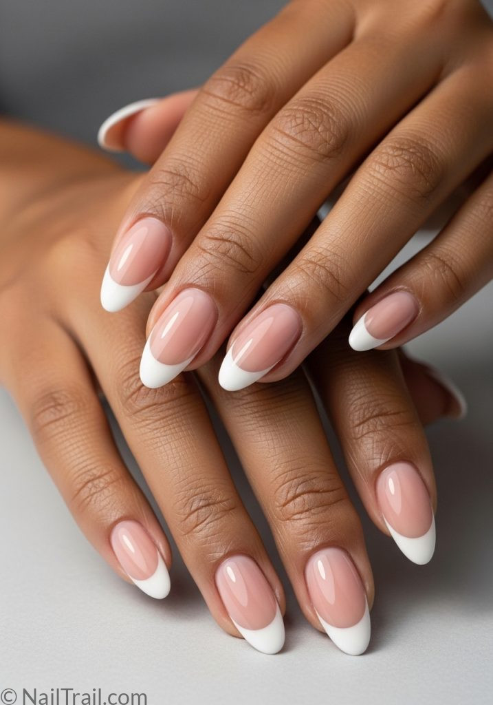 Warm medium brown hands with classic French tip almond nails easy summer nails french almond simple