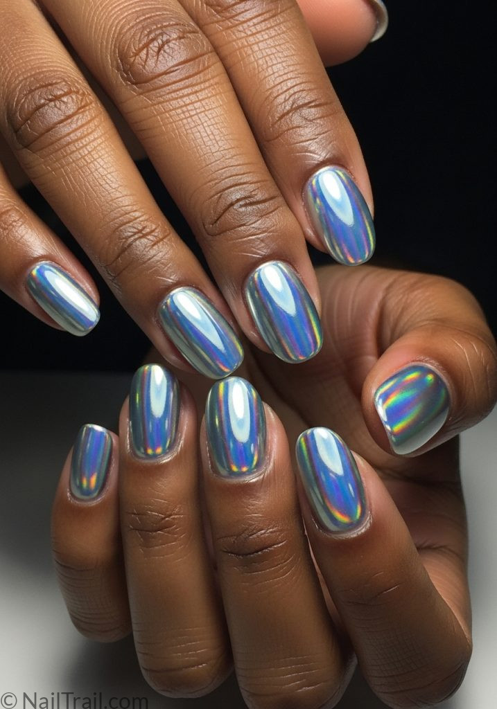 Dark hands with holographic silver short oval nails easy summer nails short designs simple