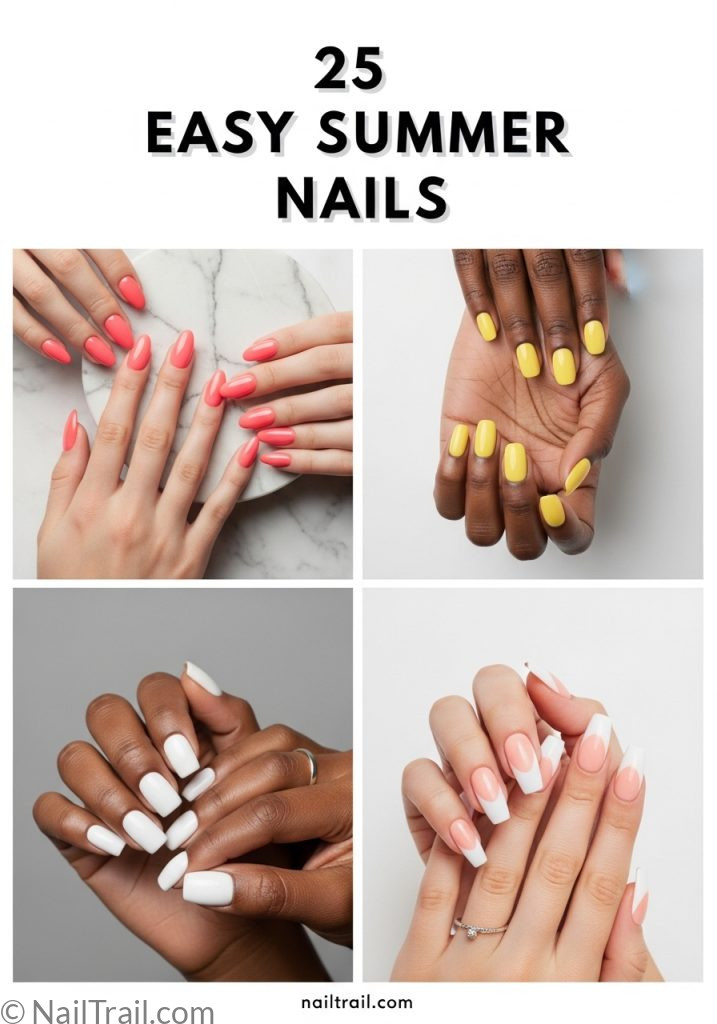 Collage of four easy summer nail designs including coral almond, lemon yellow short, white square, and peach white coffin nails