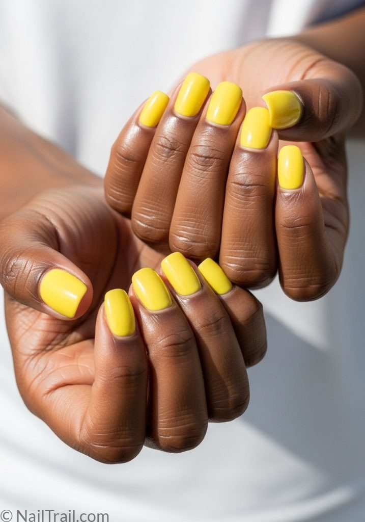 Dark skin hands with lemon yellow short oval nails easy summer nails short simple designs