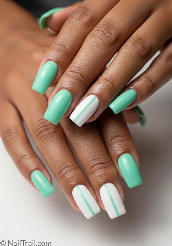 Medium brown hands with mint white striped square nails easy summer nails simple designs beginner