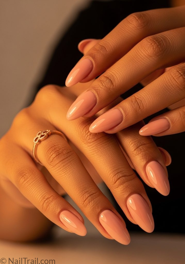 Warm medium brown hands with nude pink almond nails easy summer nails almond simple