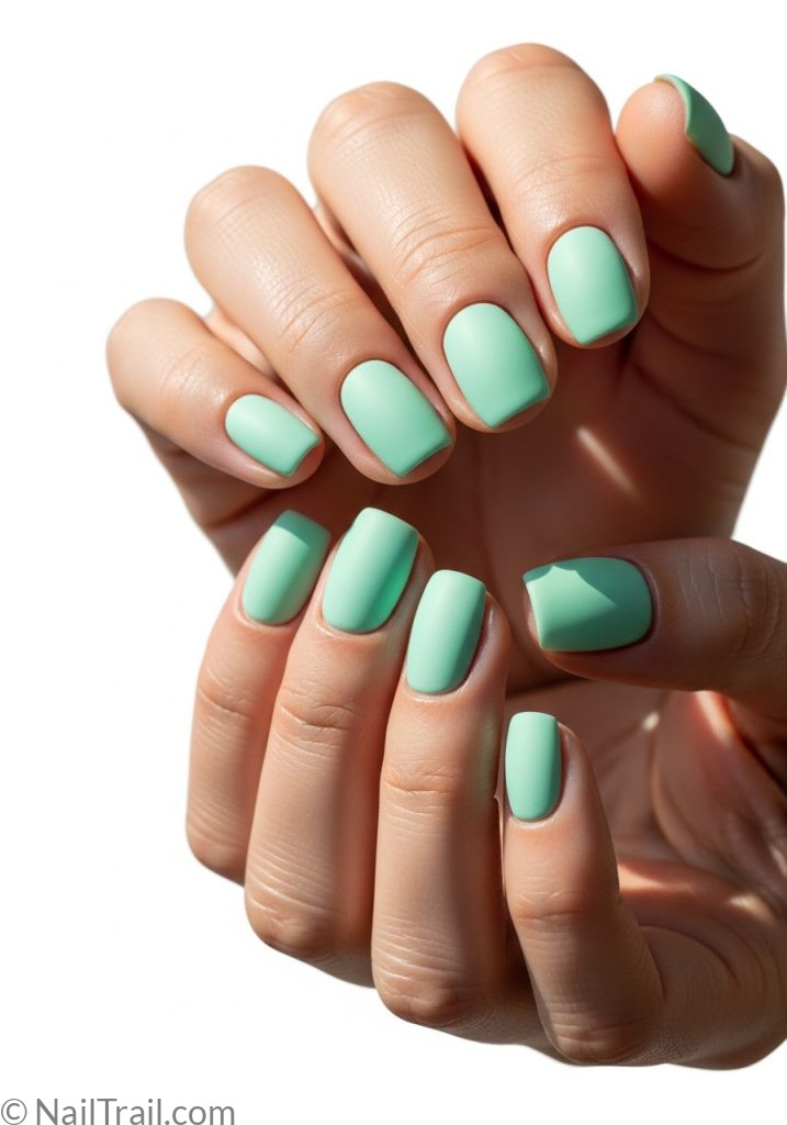 Light skin hands with pastel mint short round nails easy summer nails short simple designs
