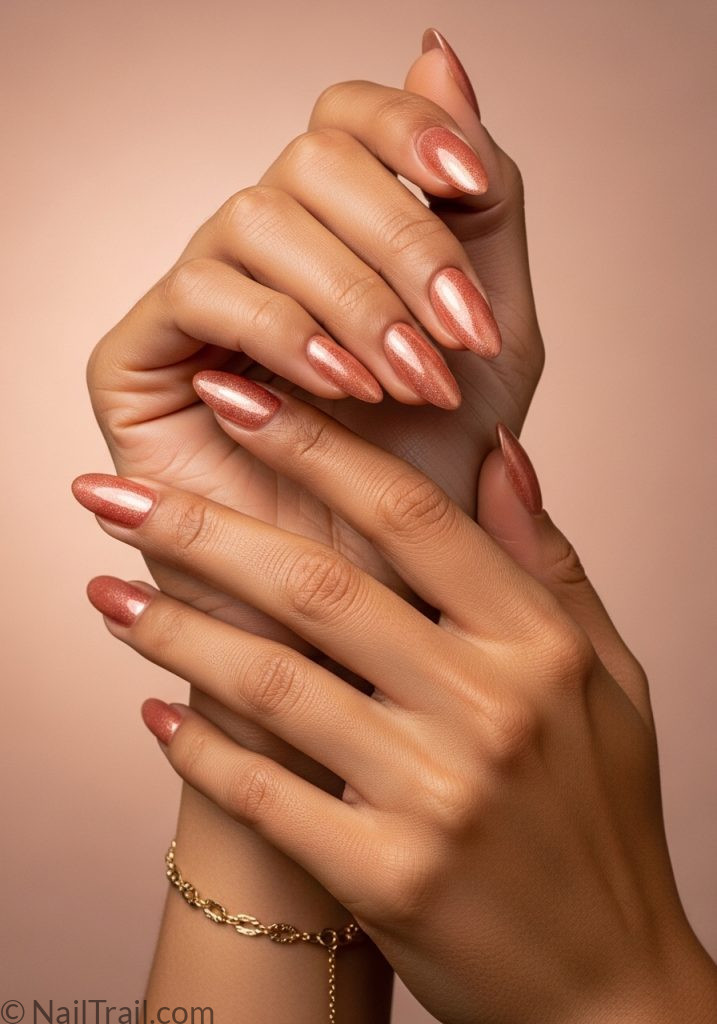 Medium tan hands with peach chrome almond nails easy summer nails almond shape designs