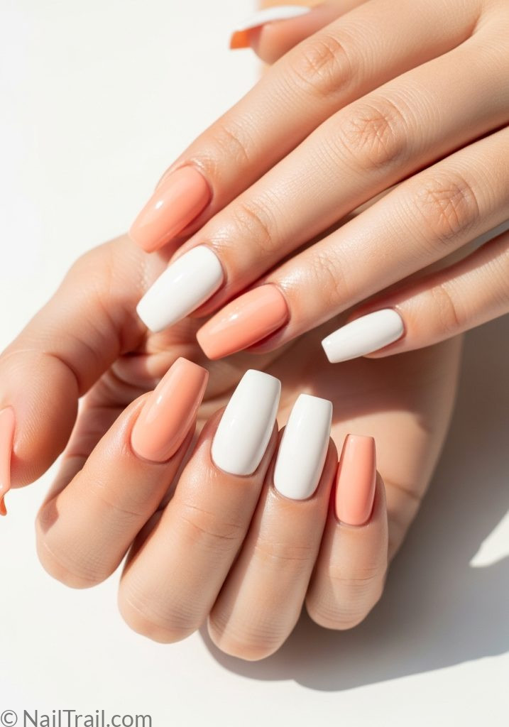 Medium fair hands with peach and white coffin nails easy summer nails simple designs coffin