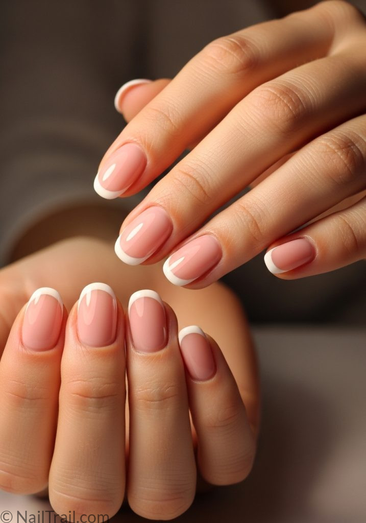 Fair skin hands with blush pink French tip short nails easy summer nails french pink simple