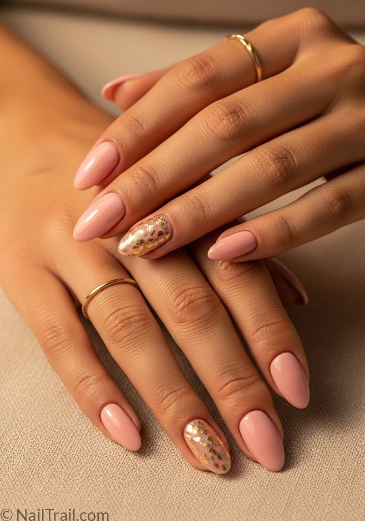 Medium tan hands with pink and gold foil almond nails easy summer nails pink almond designs