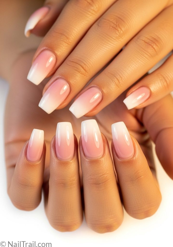 Light tan hands with pink to white ombre short coffin nails easy summer nails pink short designs