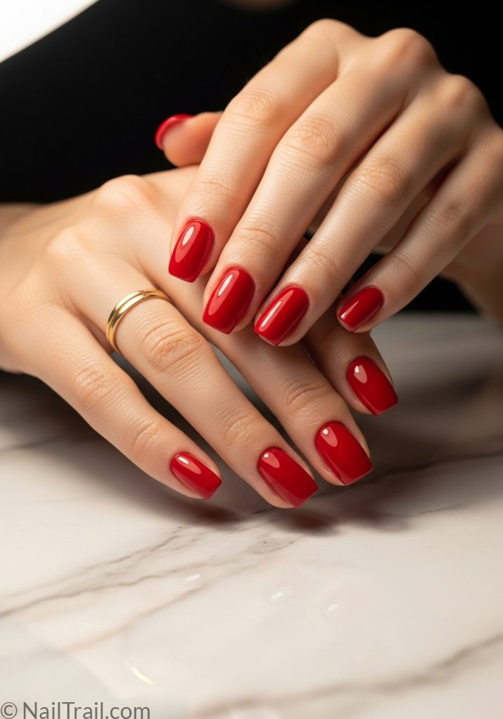 Fair skin hands with vivid red short square nails easy summer nails short simple