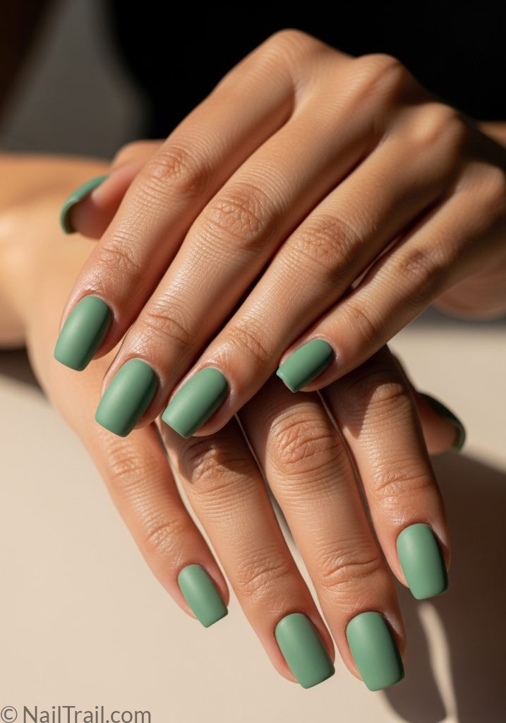 Olive skin hands with sage green short square nails easy summer nails short simple designs