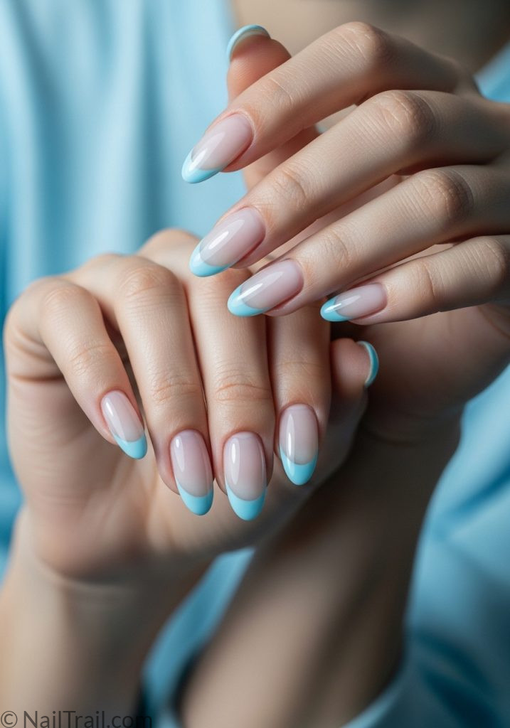 Light skin hands with sky blue French tip oval nails easy summer nails french simple 2025