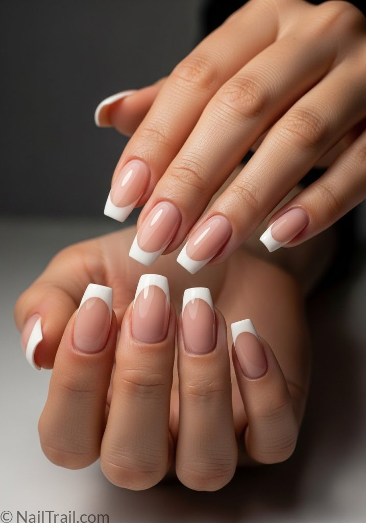 Light brown hands with white French tip coffin nails easy summer nails french coffin simple