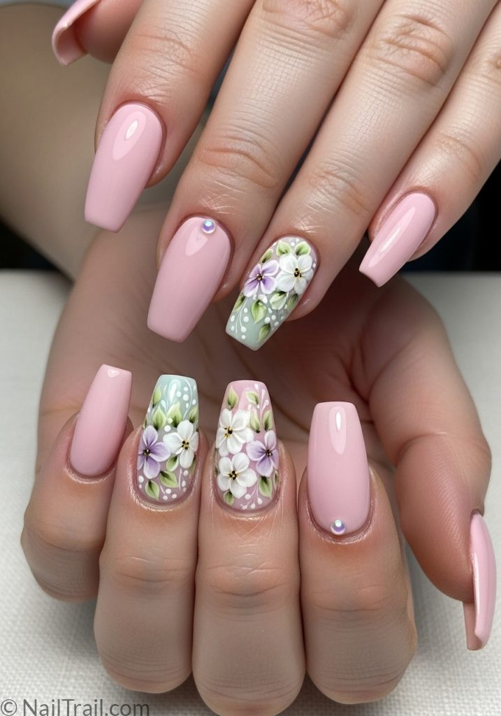 Floral pastel pink long coffin nails with lavender flower art on light hands