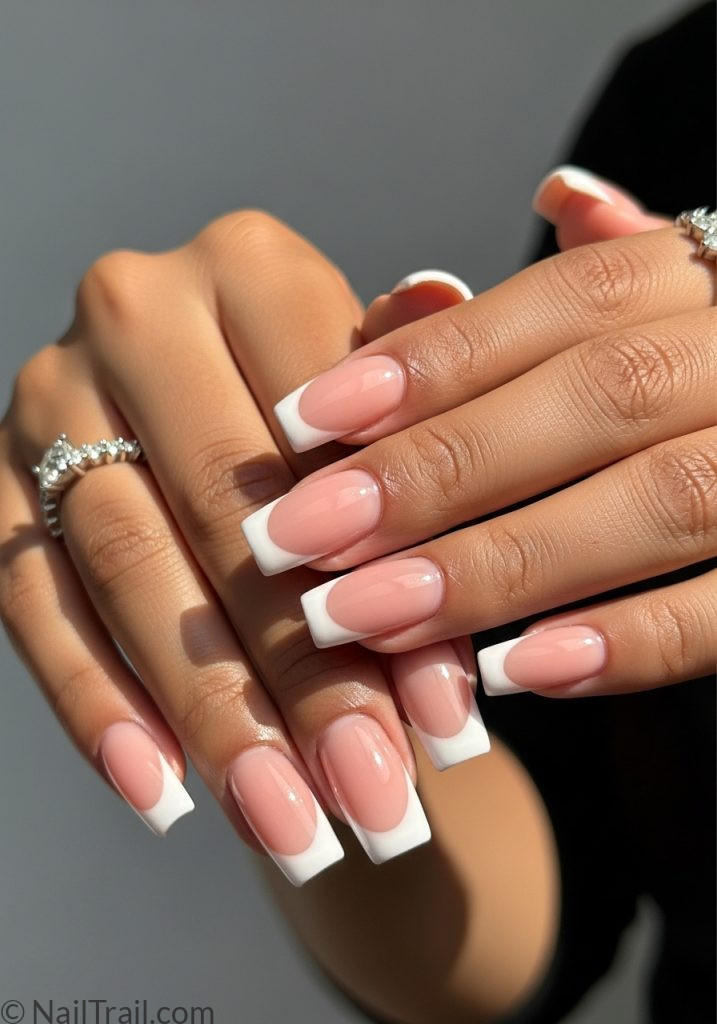 Classic French manicure long square nails on warm medium brown skin hands