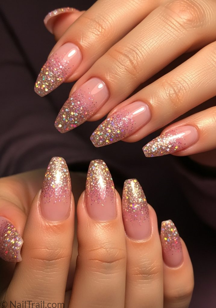 Pink to gold glitter ombre stiletto nails on medium fair hands