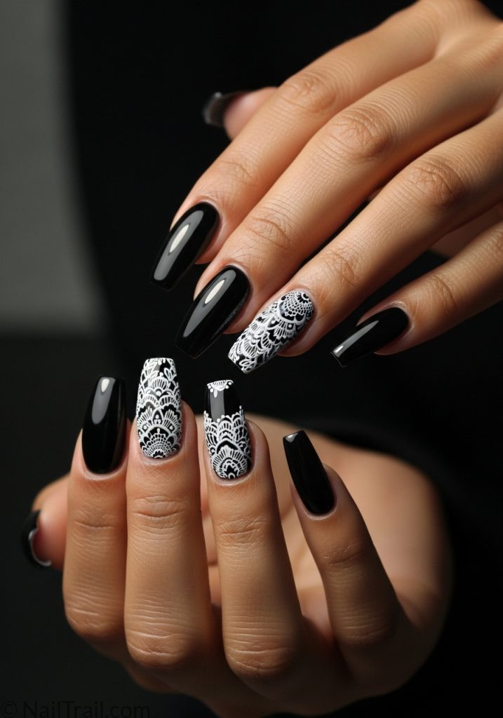 Medium brown hands with black coffin nails white lace art black lace nails coffin designs