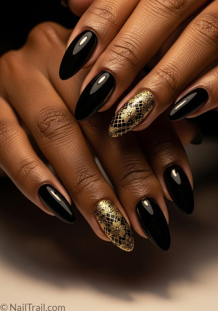 Dark skin hands with black almond nails gold lace art black lace nails designs gold