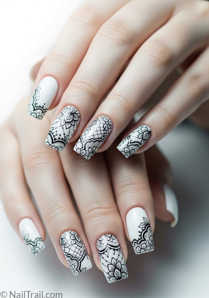 Fair skin hands with white square nails full black lace art black lace nails designs square