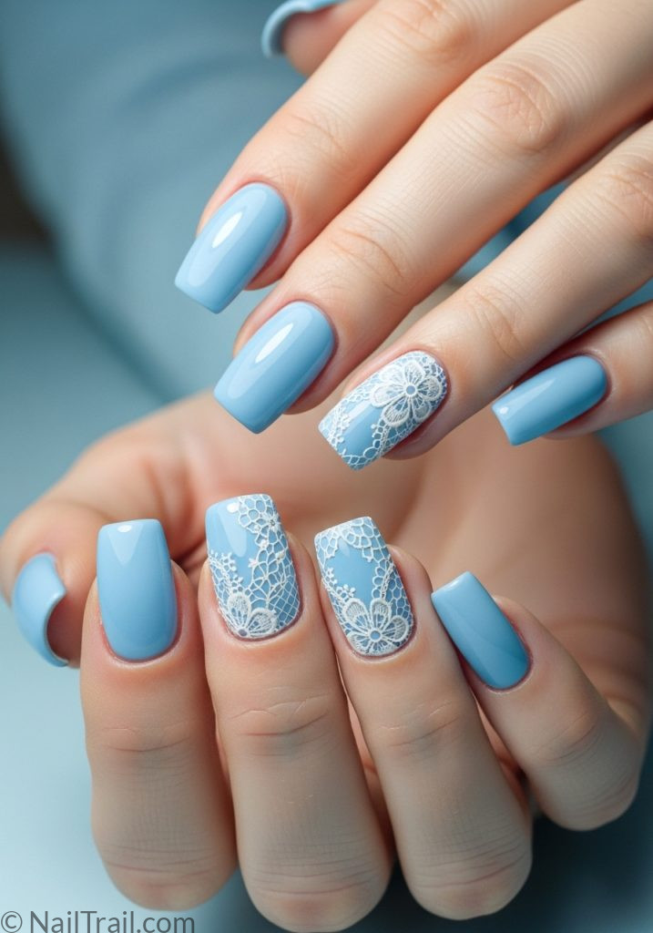 Medium fair hands with sky blue square nails white lace accent art lace nails designs blue