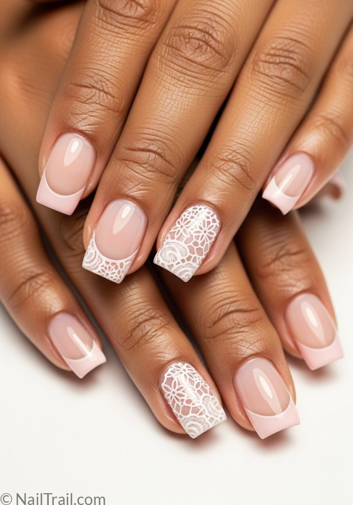 Medium brown hands with white square nails lace art pink tips lace nails designs ideas square