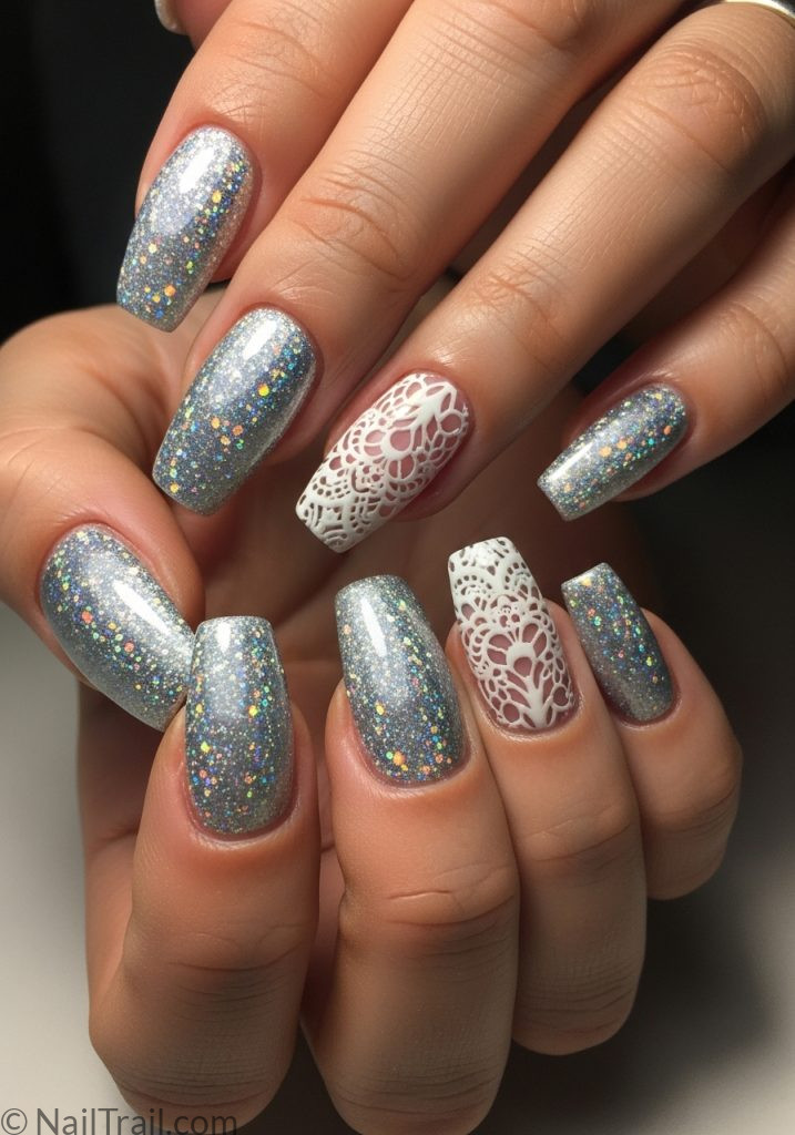 Light tan hands with glitter coffin nails white lace art lace nails designs glitter