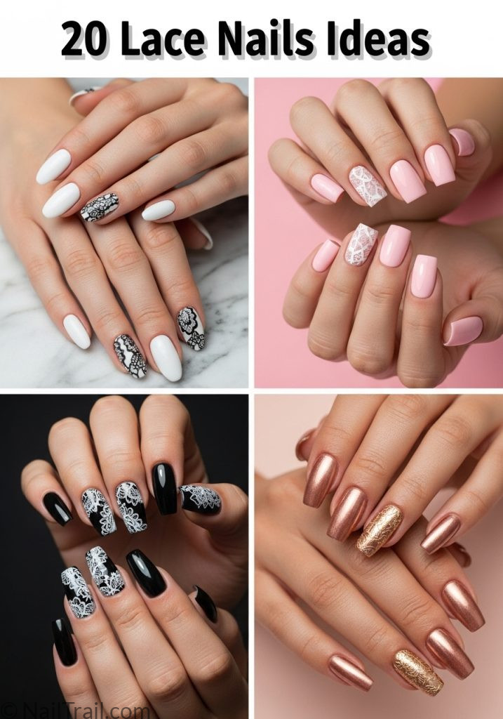 Collage of four lace nail designs including black lace almond, pink lace short square, white lace black coffin, and gold lace rose gold coffin nails