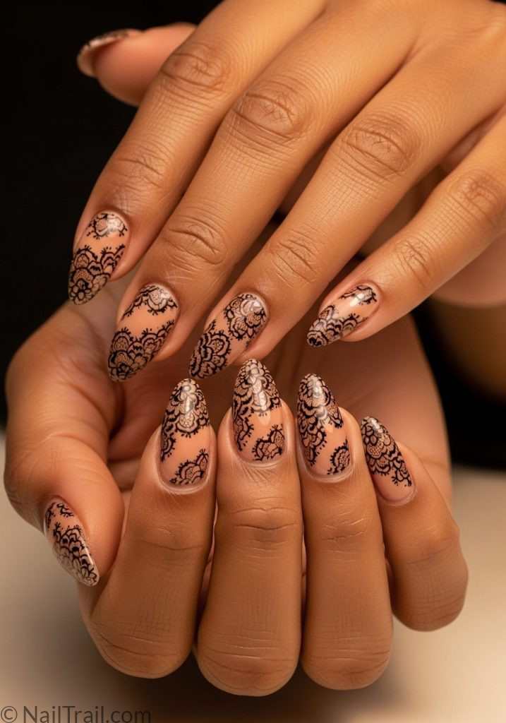 Warm medium brown hands with nude almond nails full black lace art lace nails designs ideas