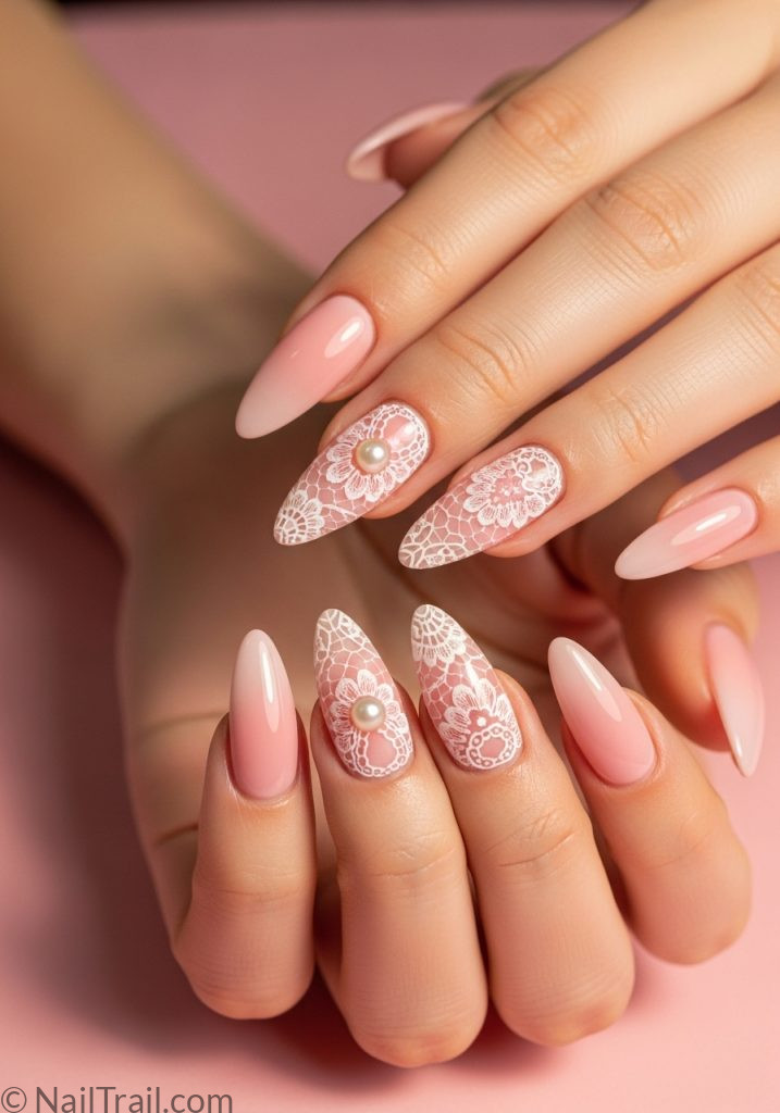 Light skin hands with pink almond nails white lace art pink lace nails almond