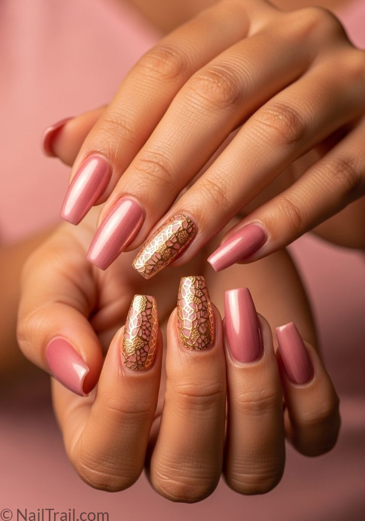 Medium tan hands with rose gold coffin nails gold lace art pink lace nails designs