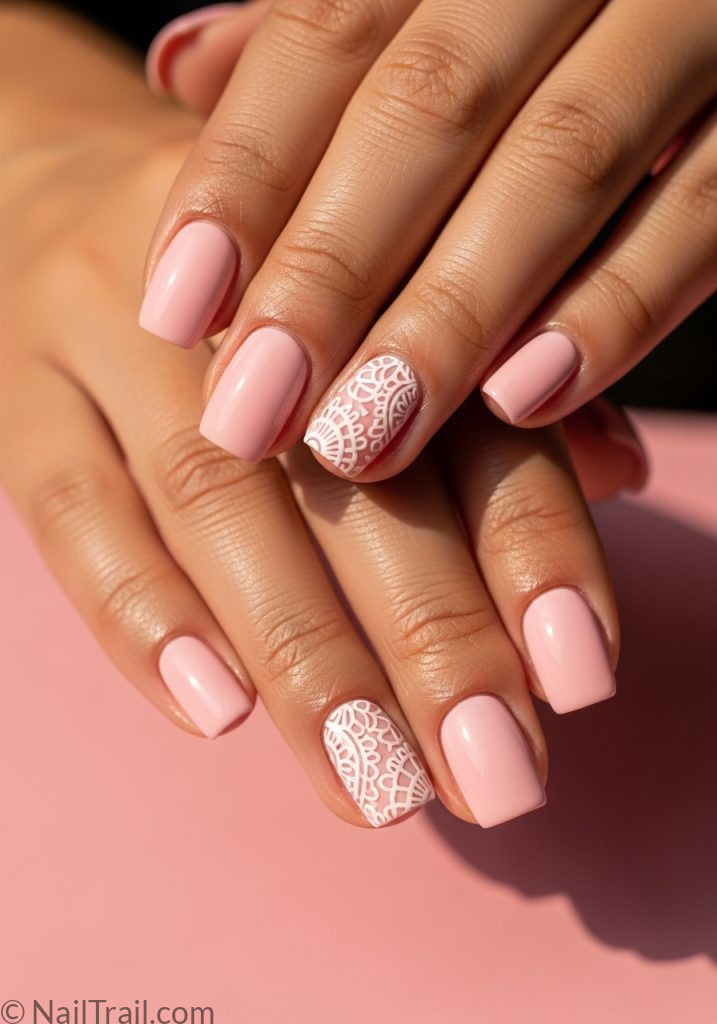 Light brown hands with pink short square nails white lace accent art pink lace nails short square