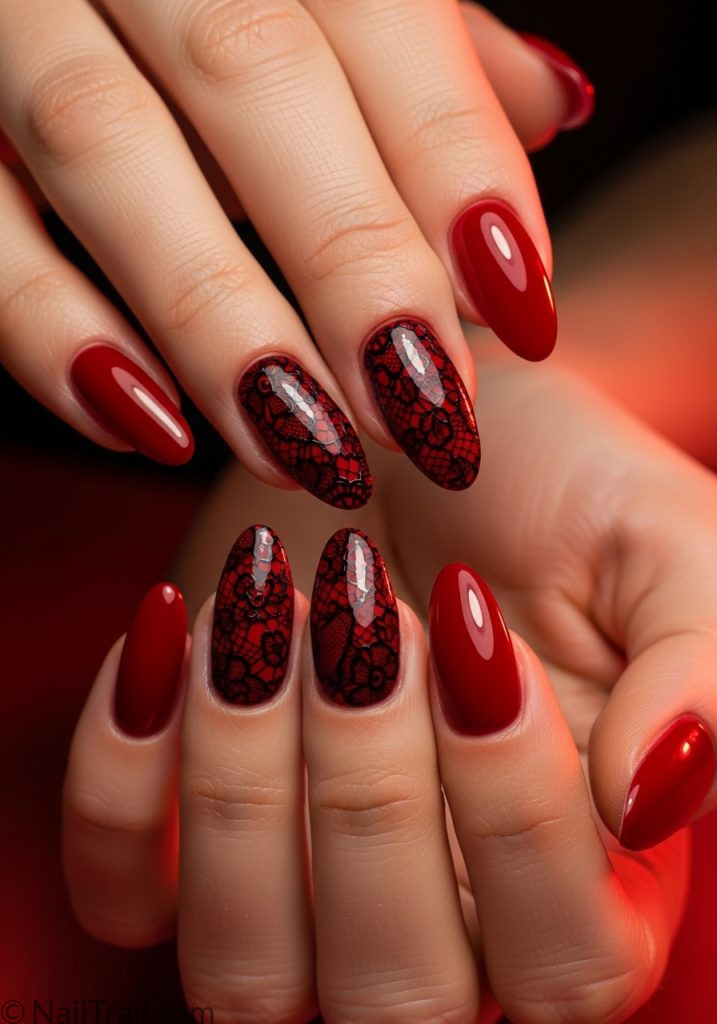 Light tan hands with red almond nails black lace art red lace nails designs