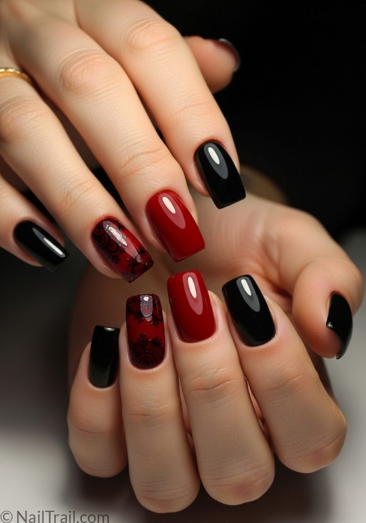 Light skin hands with red black square nails black lace art red lace nails black square designs