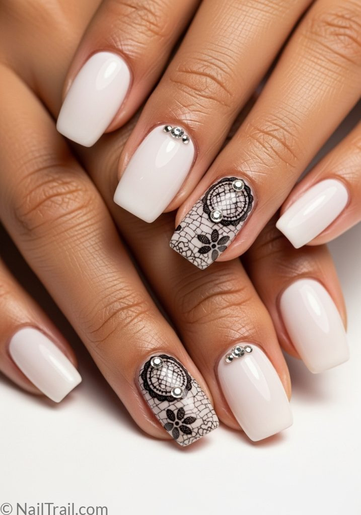 Medium tan hands with white almond nails black lace art rhinestone detail lace nails designs ideas