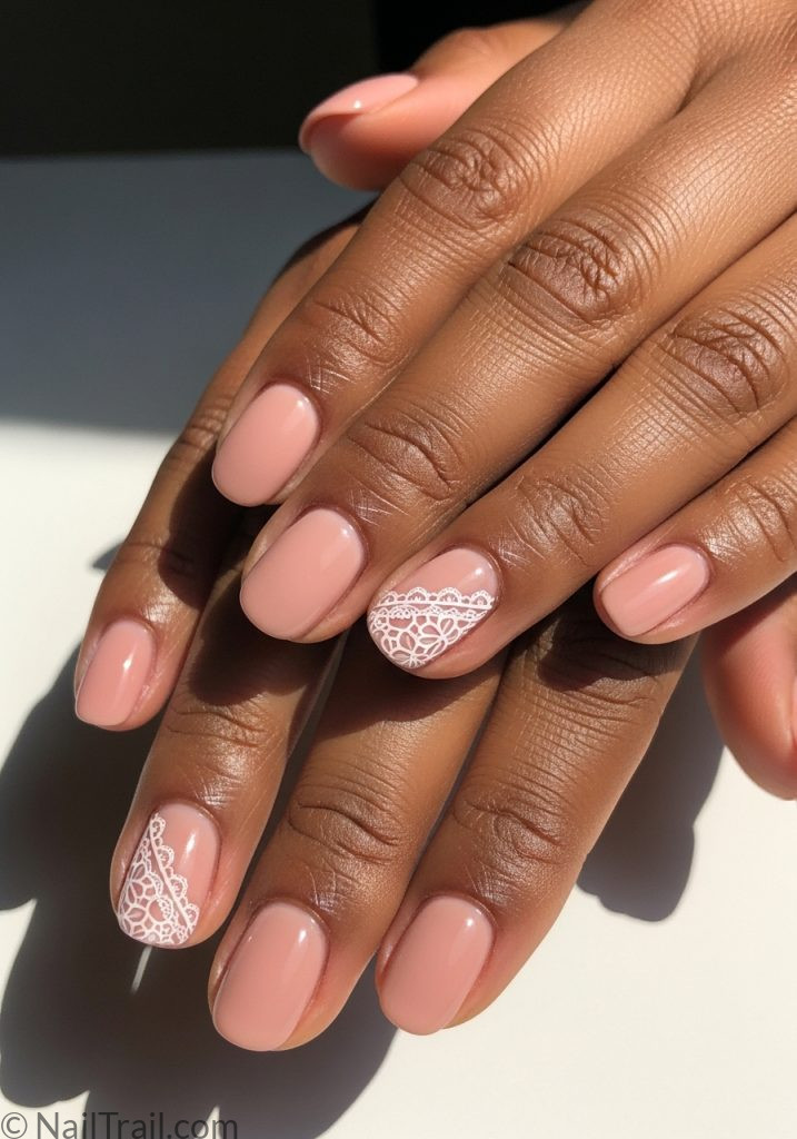 Medium brown hands with nude short oval nails simple lace corner accent lace nails simple short ideas