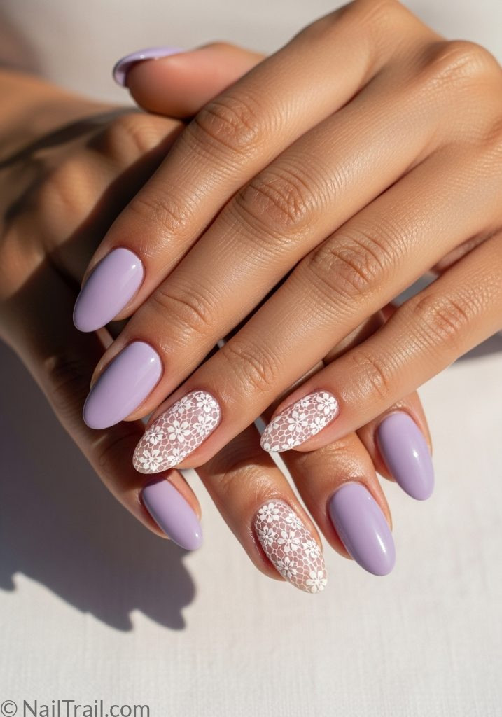 Light brown hands with lavender almond nails white floral lace art lace nails spring ideas